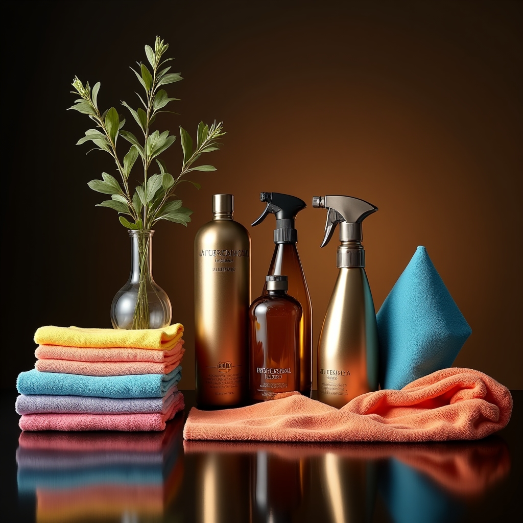 Materiales y productos de limpieza profesional ordenados